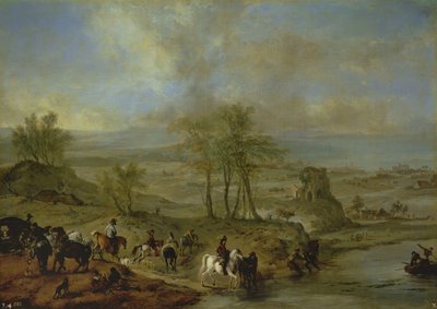 Vertrek voor de jacht en vissen in de rivier door Philips Wouwerman